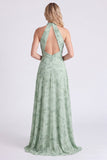 Longue robe de demoiselle d’honneur longue en chiffon fleuri à col A-line Sage avec fente