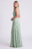 Longue robe de demoiselle d’honneur longue en chiffon fleuri à col A-line Sage avec fente