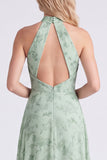 Longue robe de demoiselle d’honneur longue en chiffon fleuri à col A-line Sage avec fente