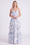 Longue robe de demoiselle d’honneur rose rose en chiffon à brides fines à pattes longues avec volants