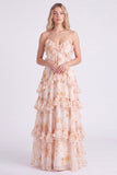 Longue robe de demoiselle d’honneur rose rose en chiffon à brides fines à pattes longues avec volants
