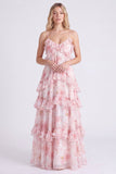 Longue robe de demoiselle d’honneur rose rose en chiffon à brides fines à pattes longues avec volants