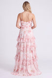 Longue robe de demoiselle d’honneur rose rose en chiffon à brides fines à pattes longues avec volants