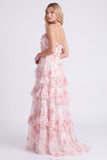 Longue robe de demoiselle d’honneur rose rose en chiffon à brides fines à pattes longues avec volants