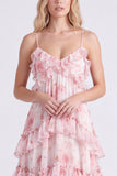 Longue robe de demoiselle d’honneur rose rose en chiffon à brides fines à pattes longues avec volants