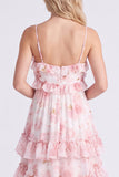Longue robe de demoiselle d’honneur rose rose en chiffon à brides fines à pattes longues avec volants