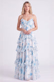 Longue robe de demoiselle d’honneur rose rose en chiffon à brides fines à pattes longues avec volants