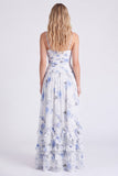 Robe longue de demoiselle d’honneur à bretelles fines en chiffon bleu clair en ligne A à volants et fendue