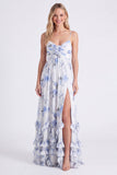 Robe longue de demoiselle d’honneur longue à bretelles fines bleu clair bleu clair en chiffon et volants