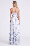 Robe longue de demoiselle d’honneur longue à bretelles fines bleu clair bleu clair en chiffon et volants
