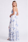 Robe longue de demoiselle d’honneur longue à bretelles fines bleu clair bleu clair en chiffon et volants