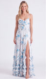 Robe longue de demoiselle d’honneur longue à bretelles fines bleu clair bleu clair en chiffon et volants
