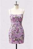 Broderie florale bodycon lilas Sequins Robe courte de rentrée avec dentelle dans le dos