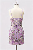 Broderie florale bodycon lilas Sequins Robe courte de rentrée avec dentelle dans le dos