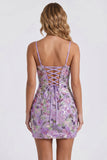 Broderie florale bodycon lilas Sequins Robe courte de rentrée avec dentelle dans le dos