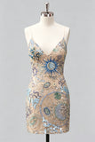 Bleu marine bodycon bretelles fines Sequins Robe courte de rentrée avec lacet dans le dos