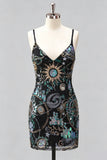 Bleu marine bodycon bretelles fines Sequins Robe courte de rentrée avec lacet dans le dos