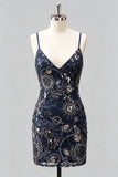 Bleu marine bodycon bretelles fines Sequins Robe courte de rentrée avec lacet dans le dos