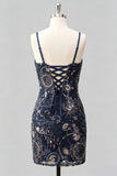 Bleu marine bodycon bretelles fines Sequins Robe courte de rentrée avec lacet dans le dos
