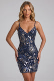 Bleu marine bodycon bretelles fines Sequins Robe courte de rentrée avec lacet dans le dos