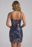 Bleu marine bodycon bretelles fines Sequins Robe courte de rentrée avec lacet dans le dos