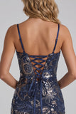 Bleu marine bodycon bretelles fines Sequins Robe courte de rentrée avec lacet dans le dos