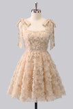 Robe de retour à la maison bleu clair à bretelles à nœuds à fleurs, perles florales et dentelle dans le dos