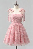 Robe de retour à la maison bleu clair à bretelles à nœuds à fleurs, perles florales et dentelle dans le dos