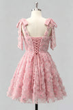 Robe de retour à la maison bleu clair à bretelles à nœuds à fleurs, perles florales et dentelle dans le dos