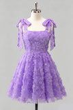 Robe de retour à la maison bleu clair à bretelles à nœuds à fleurs, perles florales et dentelle dans le dos