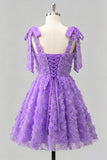 Robe de retour à la maison bleu clair à bretelles à nœuds à fleurs, perles florales et dentelle dans le dos