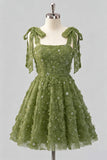 Robe de retour à la maison bleu clair à bretelles à nœuds à fleurs, perles florales et dentelle dans le dos