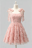 Robe de retour à la maison bleu clair à bretelles à nœuds à fleurs, perles florales et dentelle dans le dos