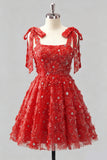 Robe de retour à la maison bleu clair à bretelles à nœuds à fleurs, perles florales et dentelle dans le dos
