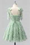 Robe de retour à la maison bleu clair à bretelles à nœuds à fleurs, perles florales et dentelle dans le dos