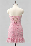 Robe de bal de la rentrée, bleu clair, bodycon, bustière, à volants, perlées à fleurs, avec lacet dans le dos