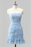 Robe de bal de la rentrée, bleu clair, bodycon, bustière, à volants, perlées à fleurs, avec lacet dans le dos