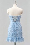 Robe de bal de la rentrée, bleu clair, bodycon, bustière, à volants, perlées à fleurs, avec lacet dans le dos