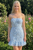 Robe de bal de la rentrée, bleu clair, bodycon, bustière, à volants, perlées à fleurs, avec lacet dans le dos