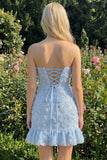 Robe de bal de la rentrée, bleu clair, bodycon, bustière, à volants, perlées à fleurs, avec lacet dans le dos