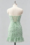 Robe de bal de la rentrée, bleu clair, bodycon, bustière, à volants, perlées à fleurs, avec lacet dans le dos