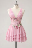 Robe de rentrée rose rose à col en V à paillettes en rangées avec dentelle dans le dos