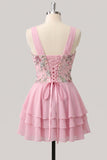 Robe de rentrée rose rose à col en V à paillettes en rangées avec dentelle dans le dos