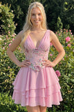 Robe de rentrée rose rose à col en V à paillettes en rangées avec dentelle dans le dos