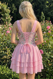Robe de rentrée rose rose à col en V à paillettes en rangées avec dentelle dans le dos