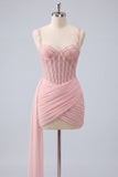 Corset rose bodycon moulant, perles à dentelle perlée remontée, robe de retour avec ceinture