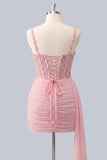 Corset rose bodycon moulant, perles à dentelle perlée remontée, robe de retour avec ceinture