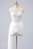 Corset rose bodycon moulant, perles à dentelle perlée remontée, robe de retour avec ceinture
