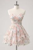 Robe de rentrée rose rose à volants à volants Sweetheart A-Line avec nœud