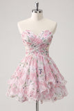 Robe de rentrée rose rose à volants à volants Sweetheart A-Line avec nœud